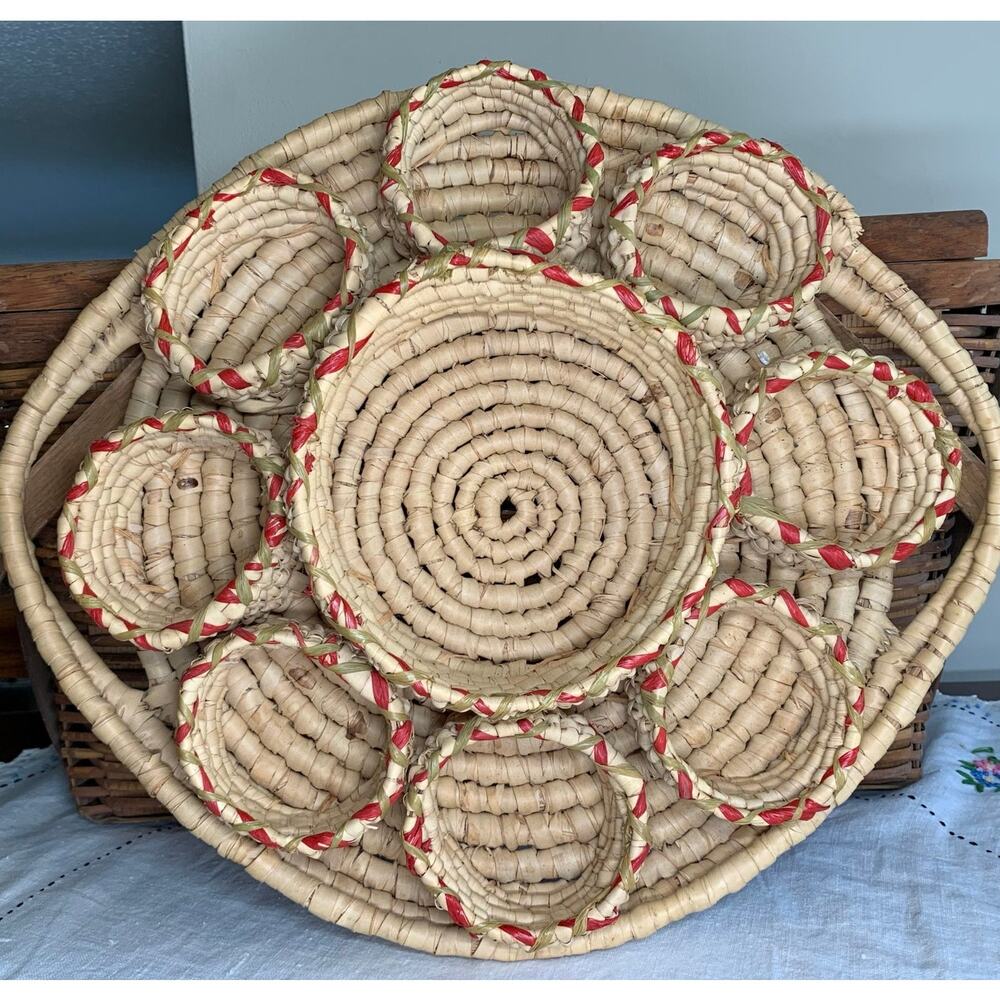 Handwoven Grass Rattan Handled Basket Divided Pitcher & Cup Drink Caddy Tray